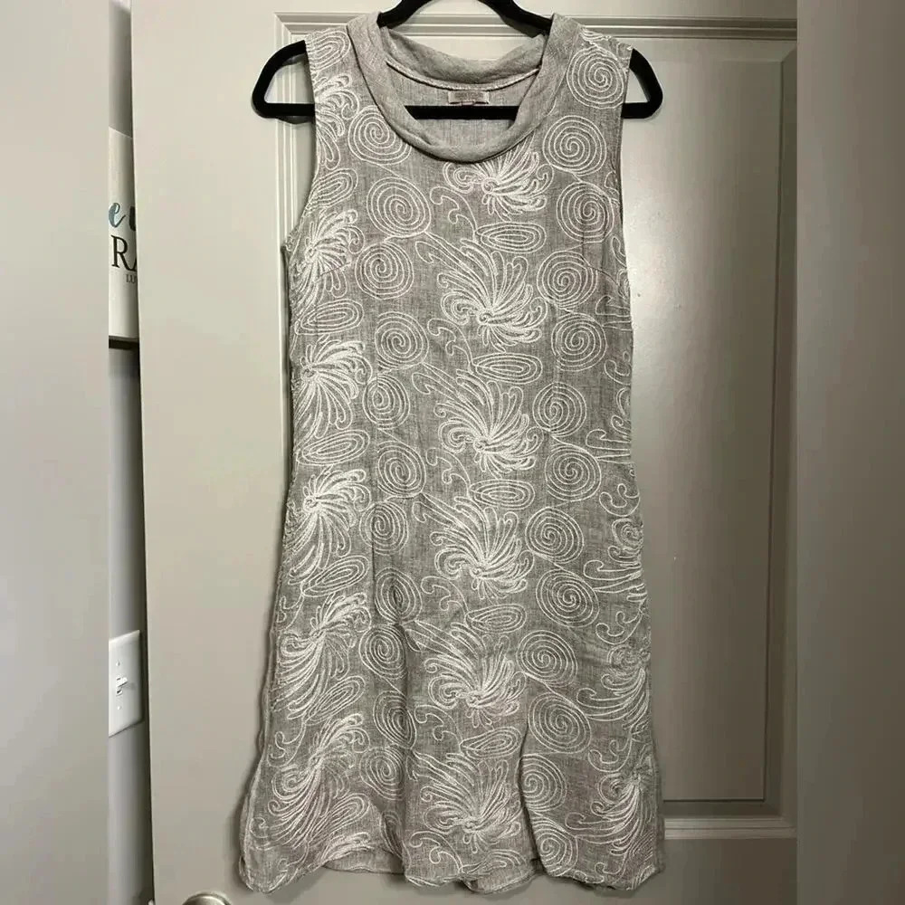Lina Tomei Linen Embroidered Cowl Neck Shift Dress w/ Pockets Size Small